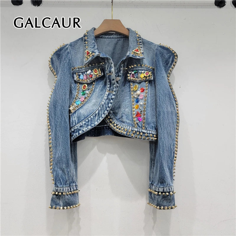 GALCAUR Solid Slimming Spliced Diamonds High Street Jackets For Women Lapel Long Sleeves Patchwork Single Breasted Coat Female