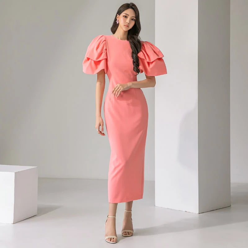 2023 Summer Formal Pink Simple Style Lotus Sleeve Dresses Fashion Elegant Slim Bodycon Party Club Dress