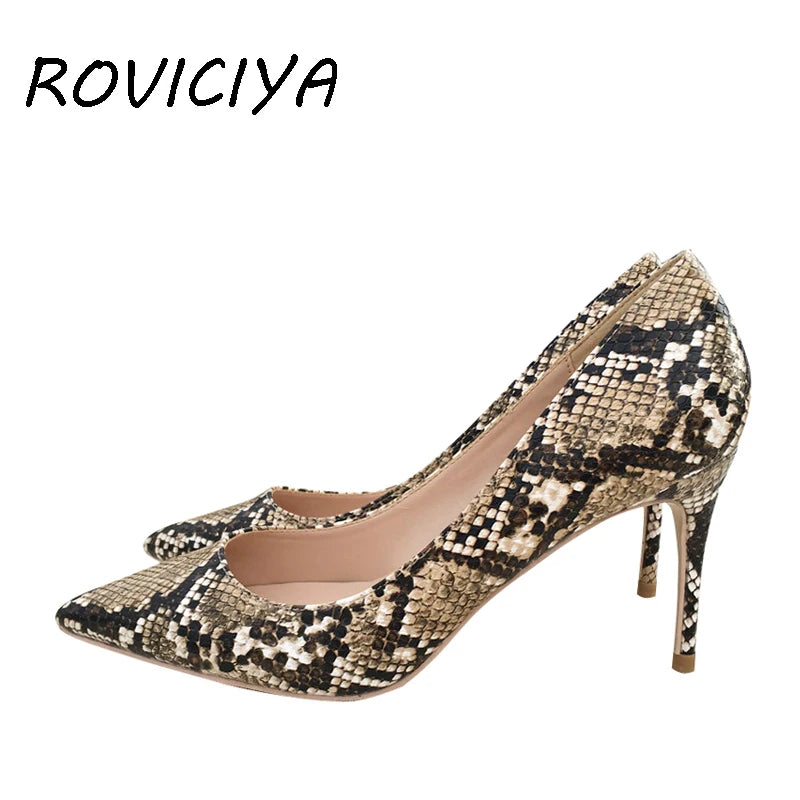 Brown Snake Print 12cm Extreme High Heel Pointed Toe Women Pumps Valentine Stiletto Woman Shoes Party Evening YG027 ROVICIYA