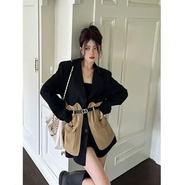 2025 Blazer Women Fashion New Loose Spliced Pocket Korean Single Breasted Blazer Mujer Female with Belt