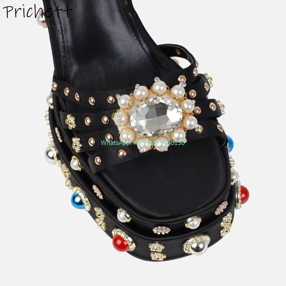 Retro Gorgeous Palace Style Sandals Rhinestone Pearl Flower Round Toe Chunky Heels Platform Shoes Ladies Vocation Luxury Shoes