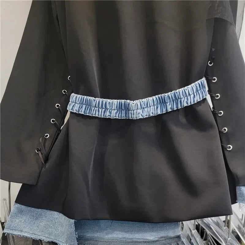 Women Irregular Hollow Out Spliced Lace Ruffles Suit Jacket Mesh Ruched Blazer Coat Cardigan Lace Up Sleeve Tops with Denim Belt