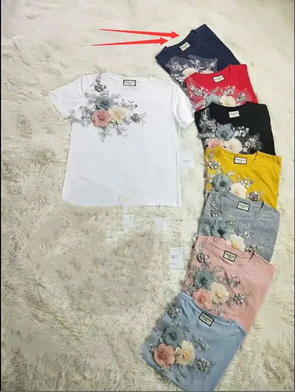 Women Heavy Work Embroidery 3D Flower Tshirts + Jeans 2pcs Clothing Sets Summer Casual Suits