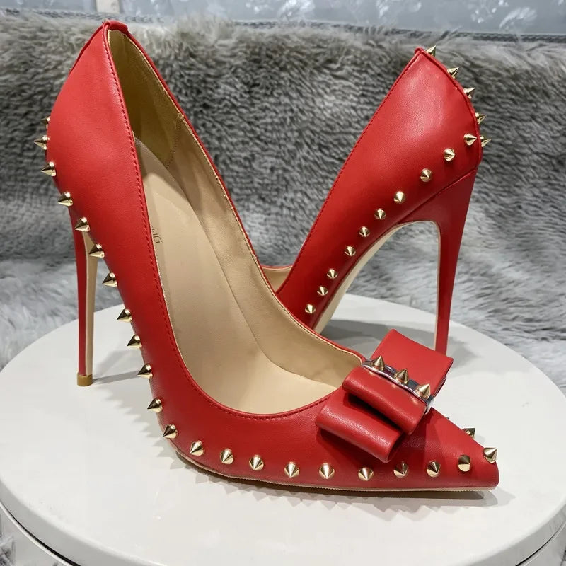 Heelgoo 2025 Newly 12cm 10cm 8cm Spikes Bow Women Sexy Pointy Toe High Heel Shoes Party Dress Stiletto Pumps Plus Size 33-46