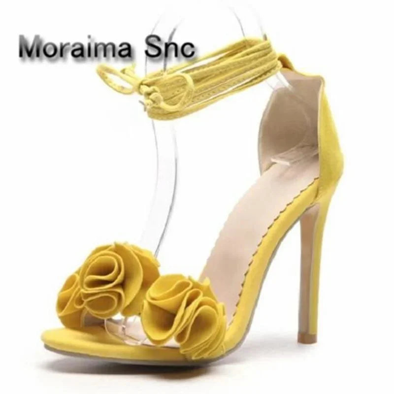 Moraima Snc Summer Women's Shoes Pink Yellow Dress Shoes Women Ruffles High Heels Sandals Women Size 44 Sapato Feminino