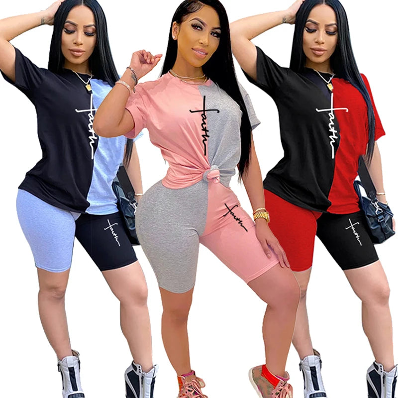 Women Faith Print Top & Colorblock Striped Sets Casual Short Sleeve Tops+ Shorts Women's Fashion Sport Suit