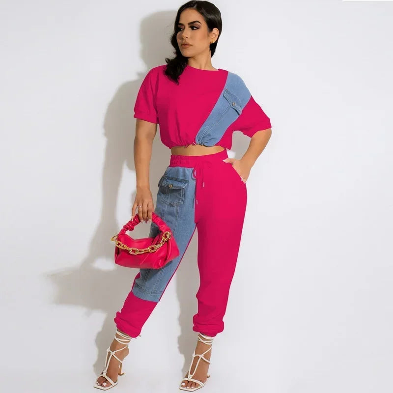 KEXU Workout Jean Patchwork Women Two Piece Set Outfits Sweatsuit  Summer Tee and Jogger Pants Matching Set Casual Tracksuit