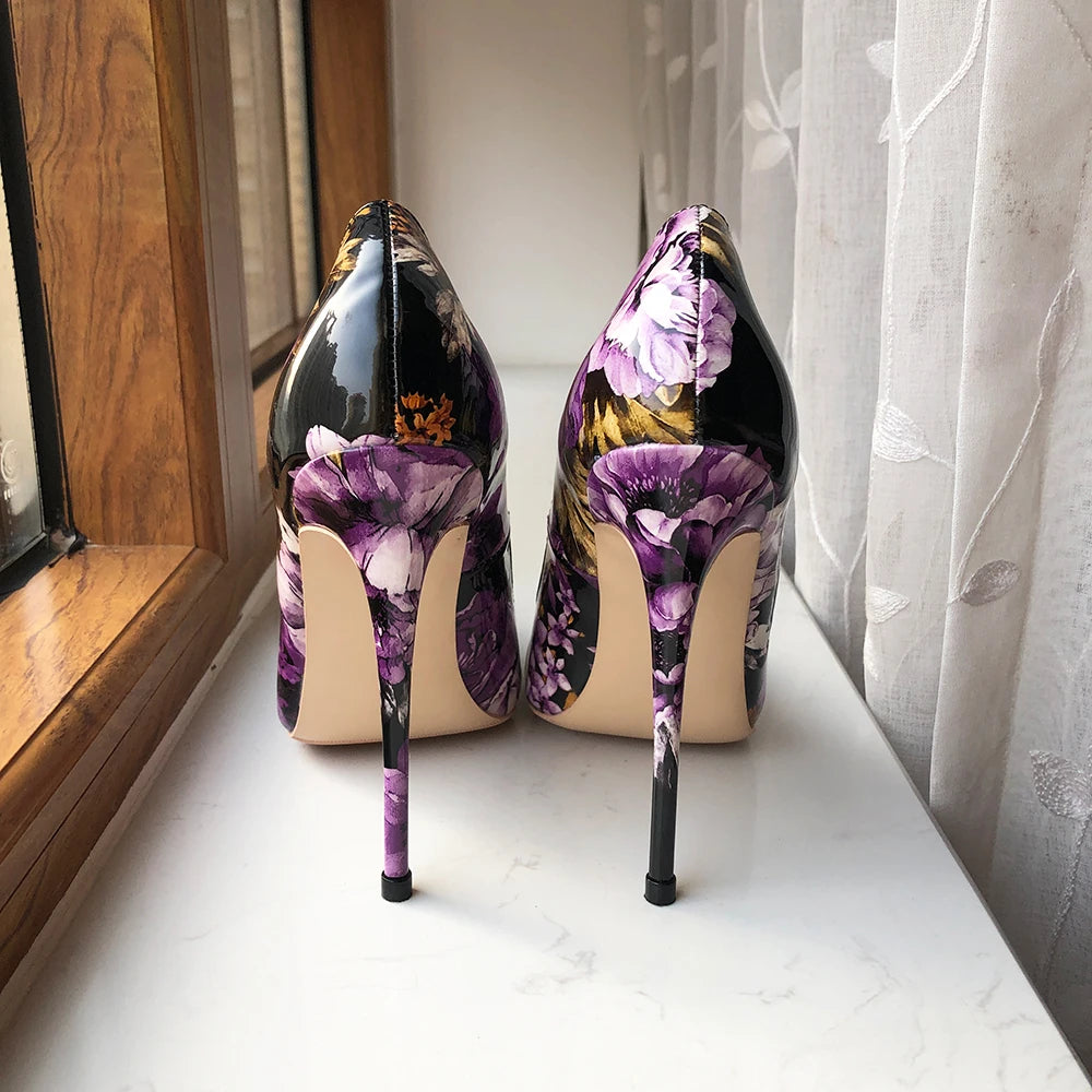 Tikicup Purple Flower Print Women Glossy Patent Pointy Toe 8-12cm High Heel Shoes Chic Floral Stiletto Pumps Large Size 43 44 45