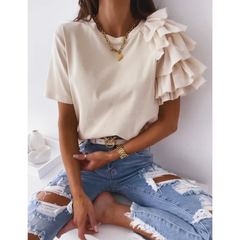 Elegant Mesh Ruffles Short Sleeves Loose T-Shirt Women's Casual O Neck Solid Basic Versatile Tops Chic Streetwear T-Shirt Blouse