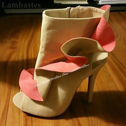 Khaki Flock Ruffles Decoration Ankle Boots Thin High Heel Shoes For Women Side Zipper Peep Toe 2024 Fashion Zapatillas Mujer