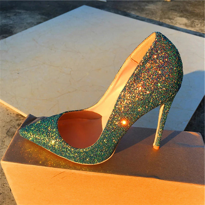 Tikicup Green Shiny Sequins Women Pointy Toe High Heels Slip On Stiletto Pumps for Elegant Ladies Chic Wedding Party Dress Shoes