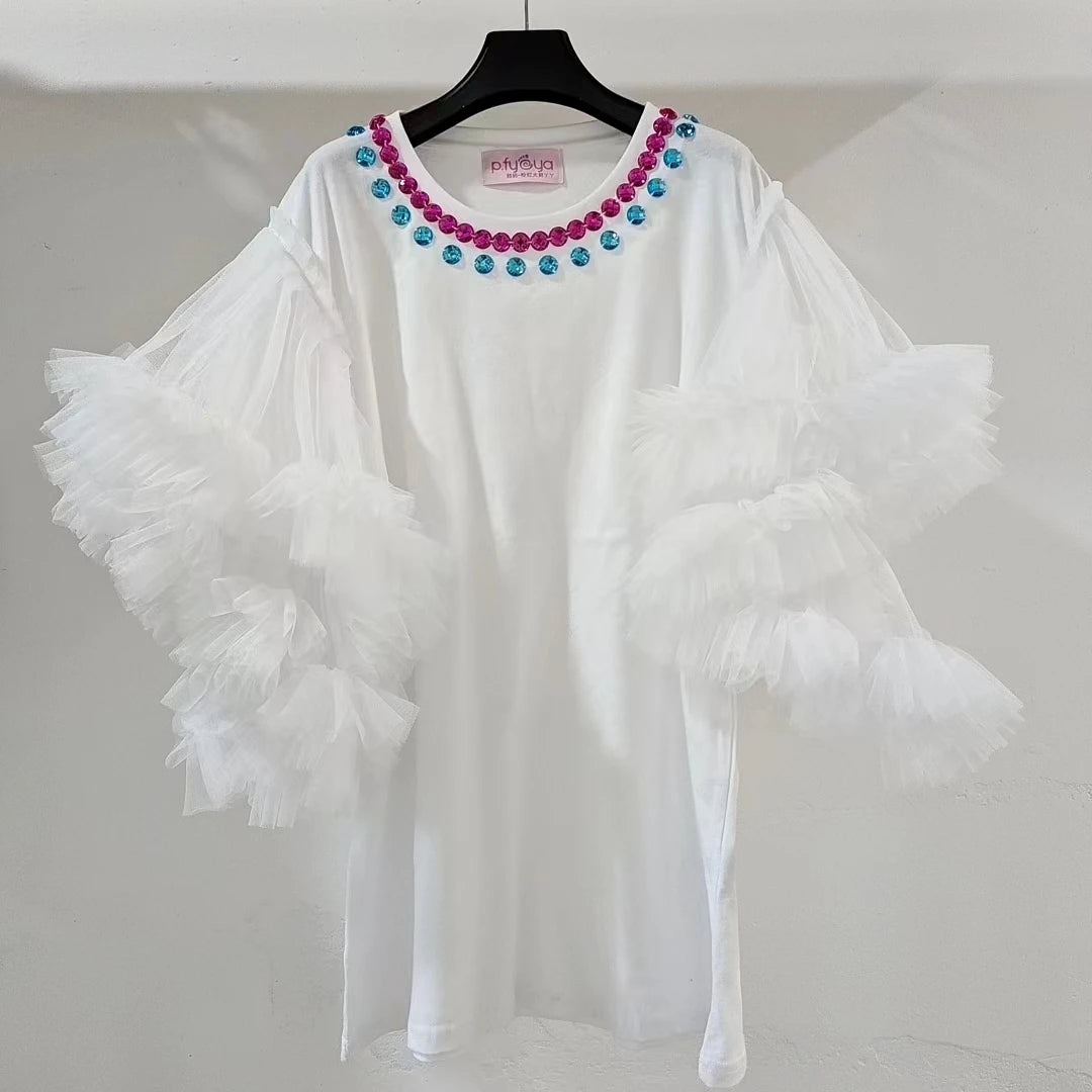 Woman Mesh Spliced Ruffles Flare Sleeve Rhinestone T-Shirts Gauze Patchwork Ruched Diamonds Beaded Tees Bat Sleeves Jumpers Tops