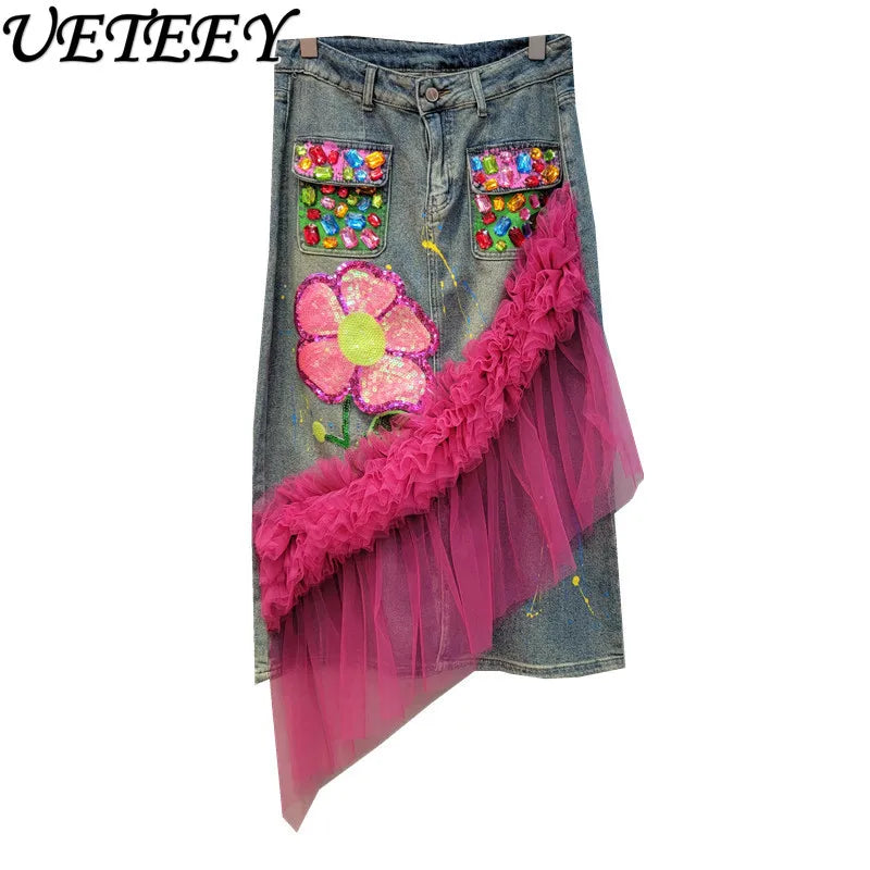 Heavy Painting Beaded Sequins Flower Stitching Beveled Mesh Skirt Women's Niche Design All-Matching Jeans Mid-length Skirt