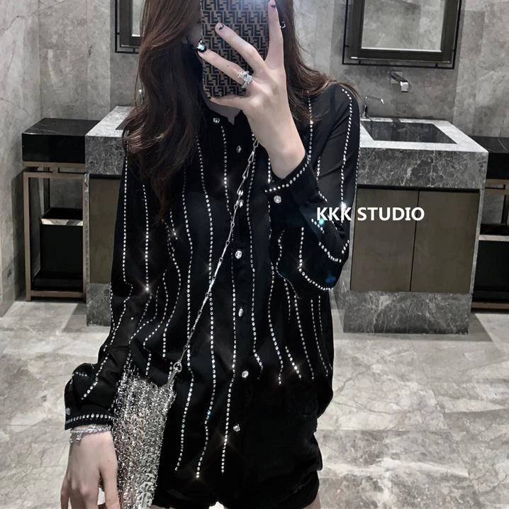 Luxury Women Fall Beaded Striped Shirts Retro Diamonds Blouse Sequned OL Cardigan Blusas Mujer Long-sleeved Loose Crop Tops