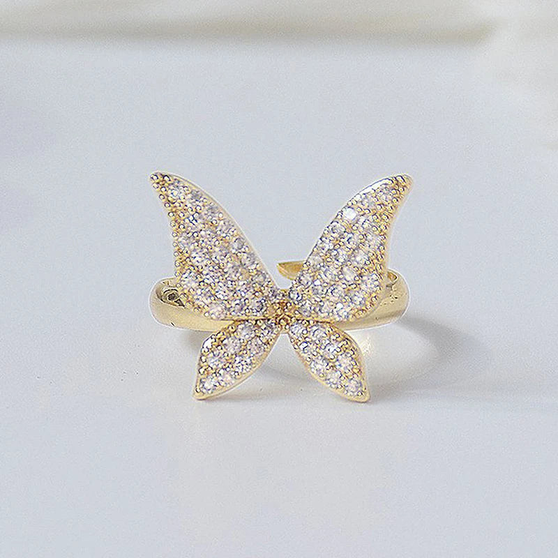 14K Plated Gold Big Bling Butterfly Women Ring Adjustable Anti-allergy AAA Zirconia Bague Anillos Jewelry Pendant Accessories