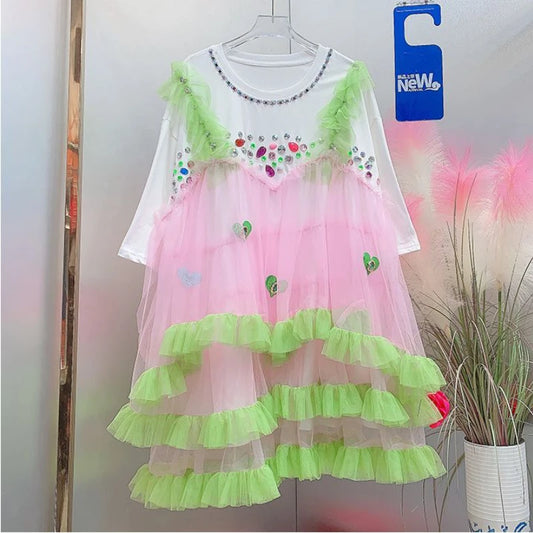 Summer Contrast Color Diamonds Beaded Mesh Spliced Ruffles T-Shirts Dress Rhinestones Gauze Patchwork Pleated A-line Tees Dress