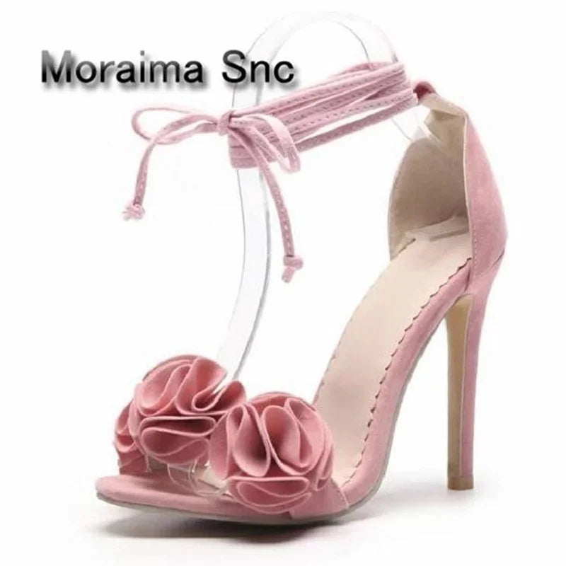 Moraima Snc Summer Women's Shoes Pink Yellow Dress Shoes Women Ruffles High Heels Sandals Women Size 44 Sapato Feminino