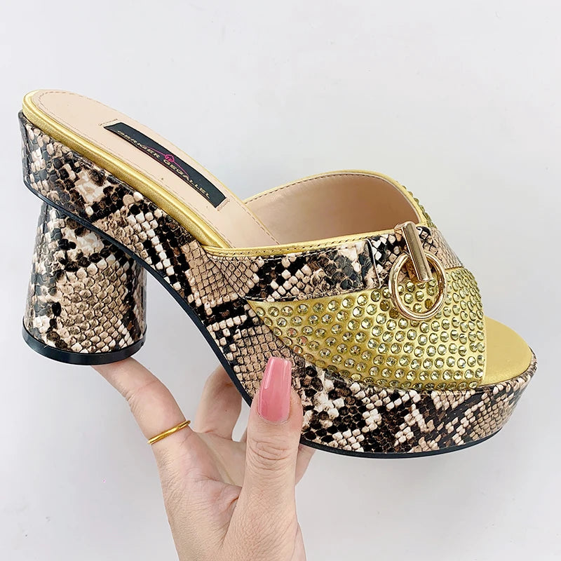 Fashionable Top Italian Designers 2023 Luxury Round Toe  Bright Diamond Snake Print Summer Women's Shoes With High Heels