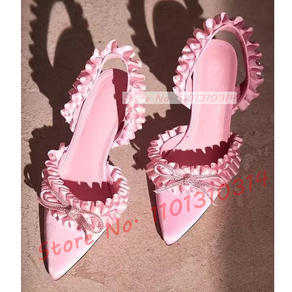 Pink Ruffle Satin Bow Sandals Ladies Trendy Pointy Toe Classy Slingback High Heels Sandals Women Girls Sweet Party Casual Shoes