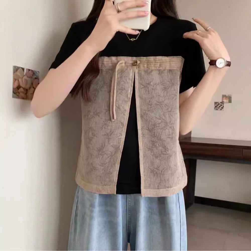 Large Women's White Tops Summer New Chinese Style Pan Button Tees Fashion Mesh Spliced Round Neck T-shirt Female Trend M-4XL