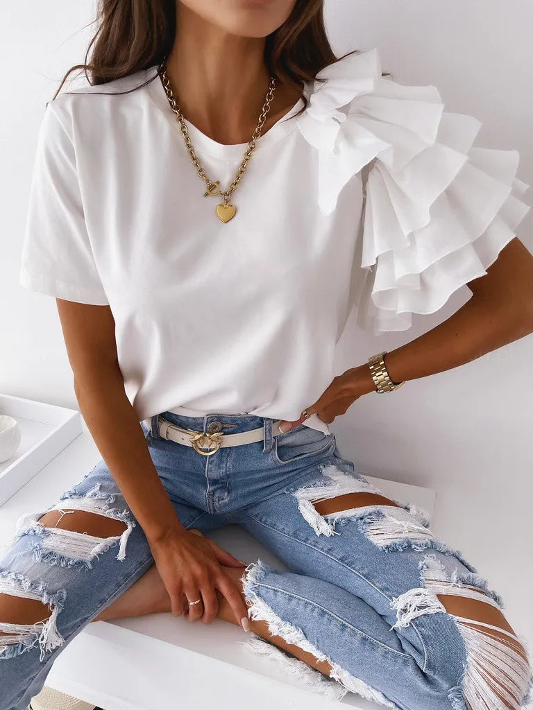 Elegant Mesh Ruffles Short Sleeves Loose T-Shirt Women's Casual O Neck Solid Basic Versatile Tops Chic Streetwear T-Shirt Blouse