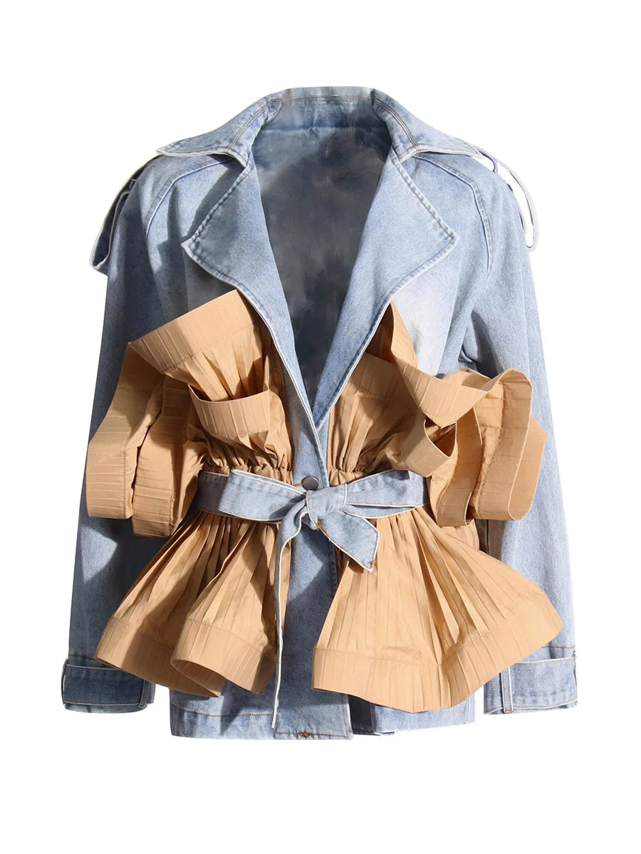 VGH Ruffles Jacket for Women Lapel Long Sleeves Spliced Lace Up Tunic Designer Denim Coats Female fashion