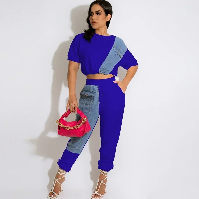 KEXU Workout Jean Patchwork Women Two Piece Set Outfits Sweatsuit  Summer Tee and Jogger Pants Matching Set Casual Tracksuit