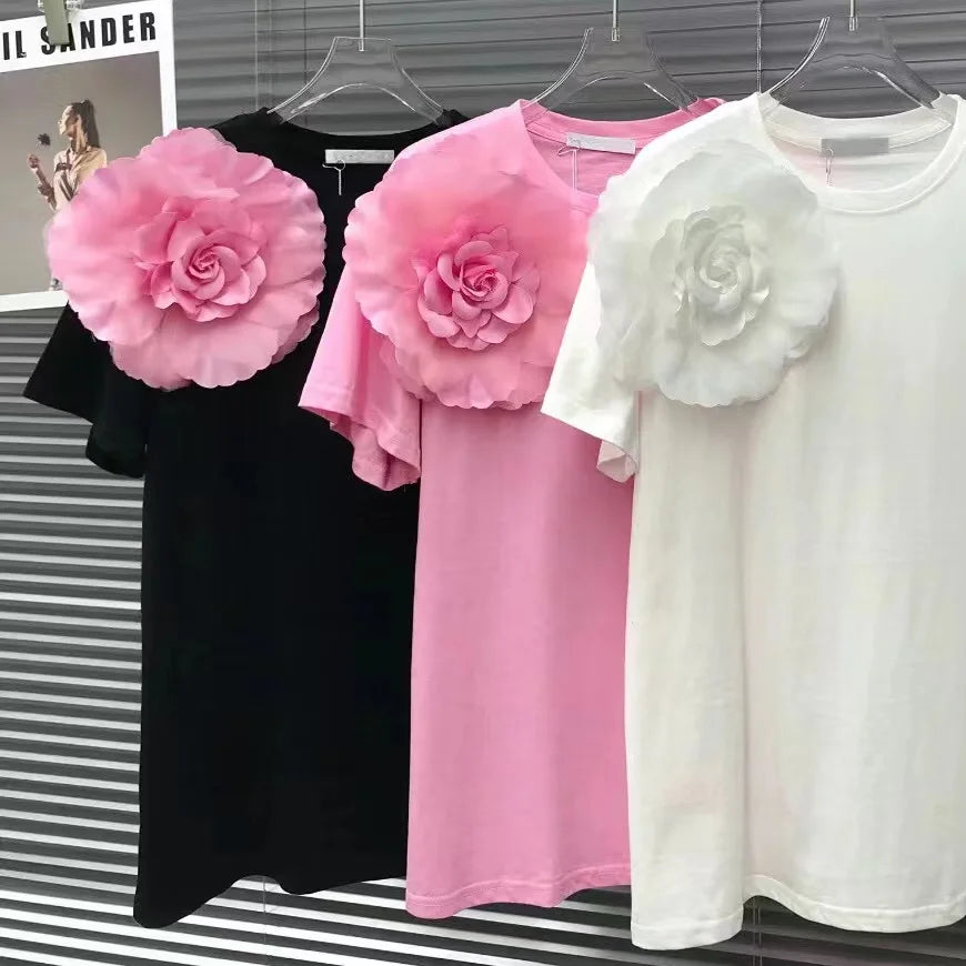 2024 Summer New In Cotton Tshirt Fashion Chic 3D Flower Short Sleeved T-shirt Women's Casual Tee Tops