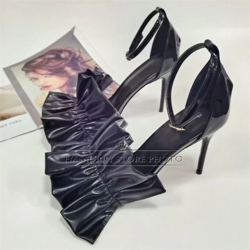 Sewing Pleated Ruffles Modern Sandals Women Ankle Strap 10cm Sharp Stiletto Heel Open Toe Cover Heels Summer Shoes