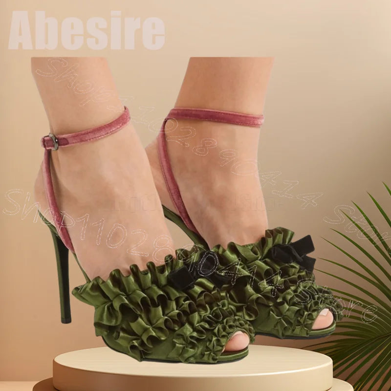 Green Pleated Ruffles Design Peep Toe Runway Slippers Slip On Women Shoes Chunky High Heel Party Dating 2025 Zapatos Para Mujere