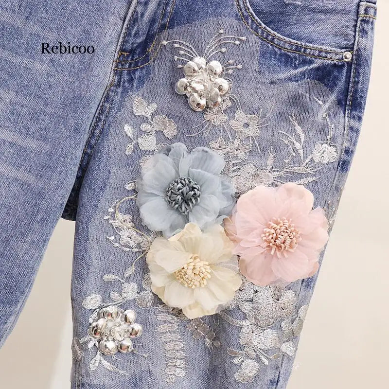 Women Heavy Work Embroidery 3D Flower Tshirts + Jeans 2pcs Clothing Sets Summer Casual Suits