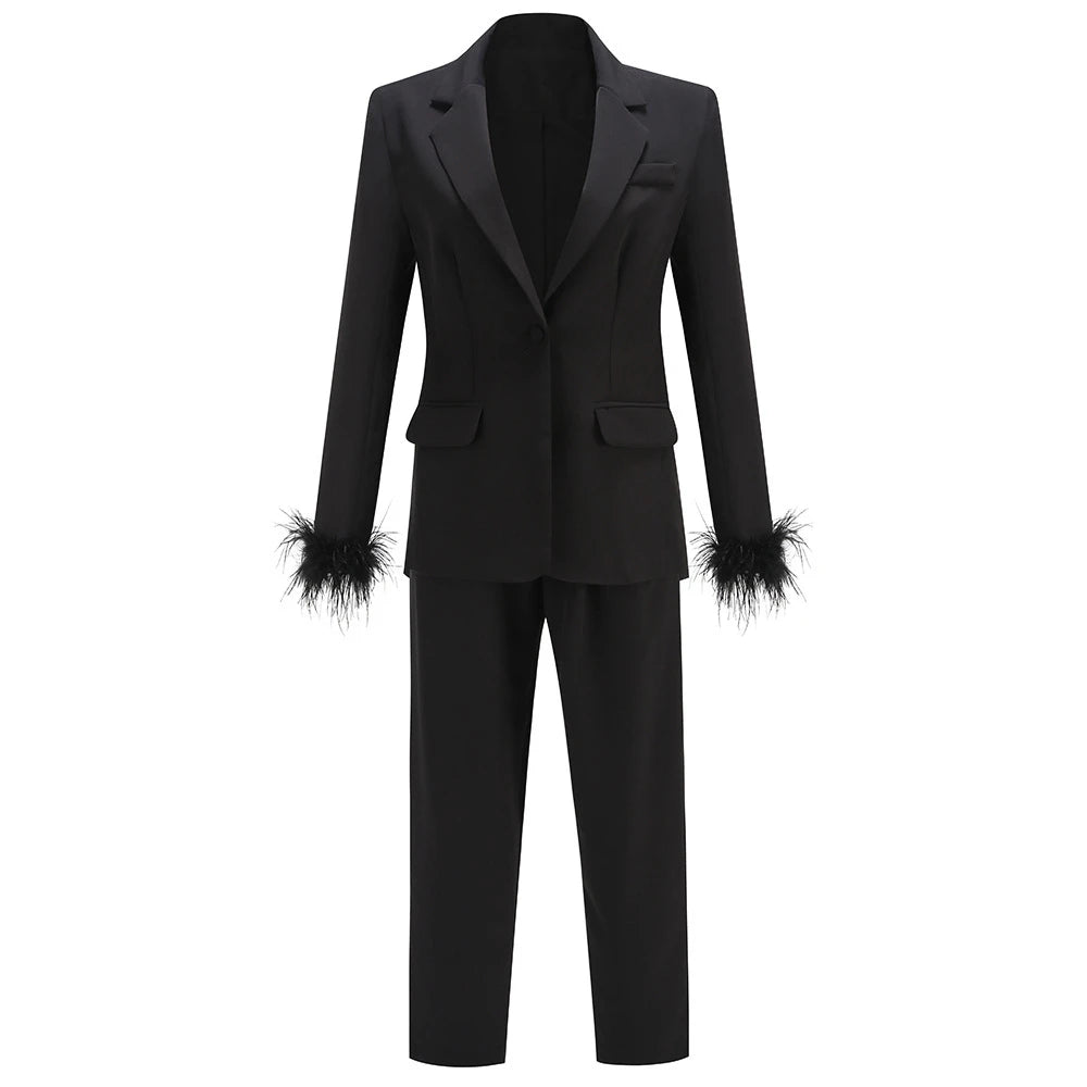 TWOTWINSTYLE Chic Two Piece Set For Women Notched Collar Long Sleeve Spliced Feathers Blazer High Waist Pant Elegant Sets Female