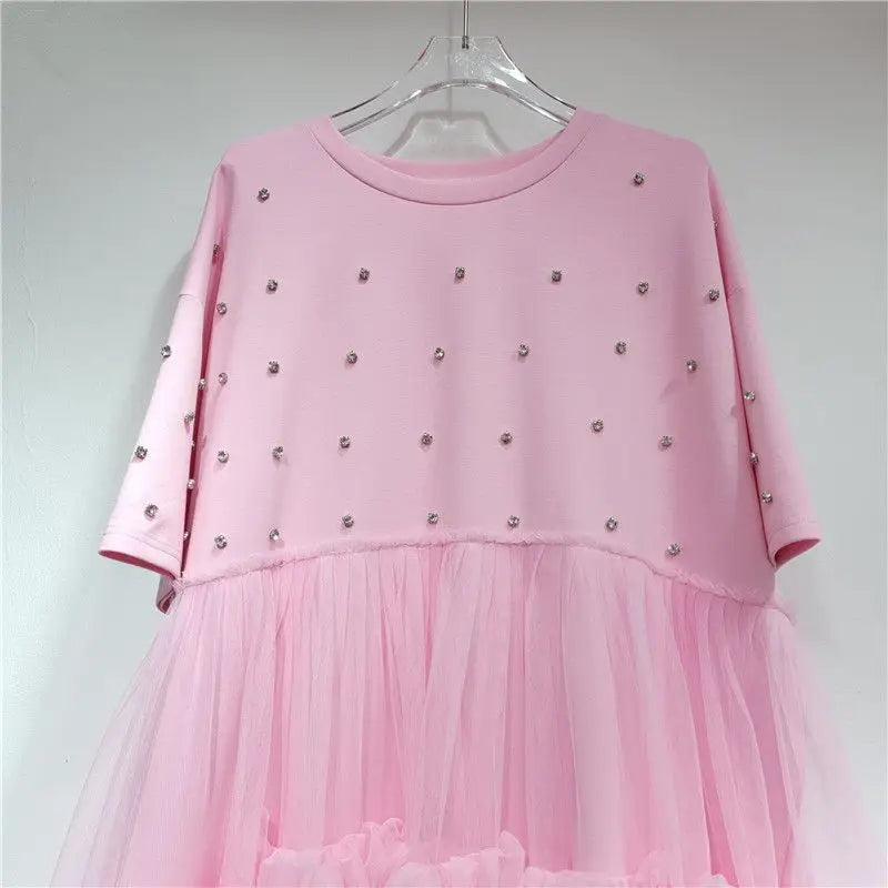 Original Design Elegant Diamonds Ball Gown Dress New Summer Cute Mesh Splicing Princess Top Age Reduction Mid-long T-shirt Dress