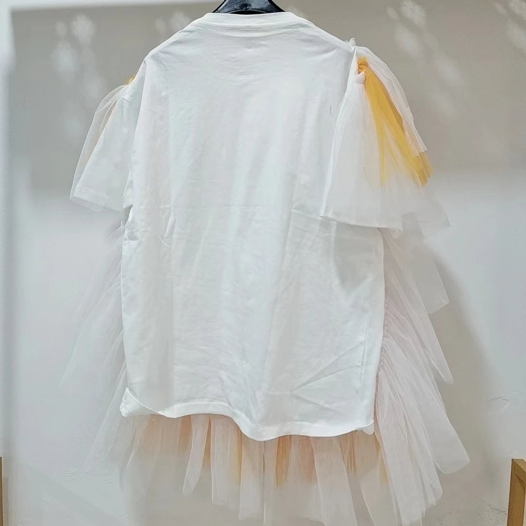 Chic Mesh Splicing Ruffles Girls Graffiti T-Shirts White Loose Short Flare Sleeve Gauze Patchwork Pleated Tees Jumpers Crop Tops