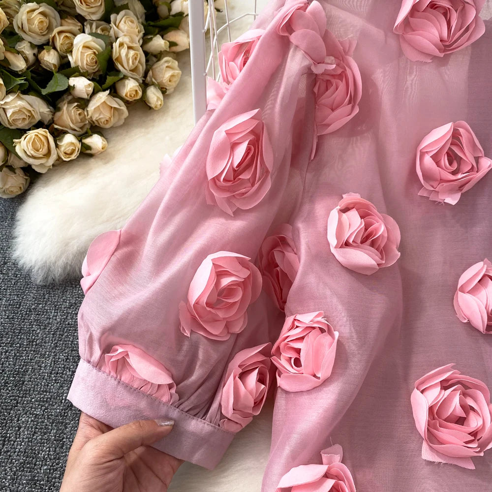 Summer Runway 2 Pieces Suit Women's Lapel Puff Sleeve 3D Applique Flower Pink Blouses and Mini Ruffles Skirt Set Clothing N8698