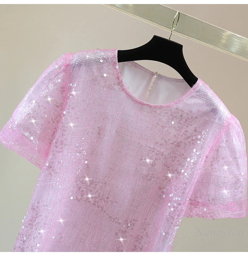 Heavy Industry Sequined Round Neck Short-sleeved T-shirt Women 2025 Spring and Summer New Y2k Top Mesh Splicing Tshirt Tees