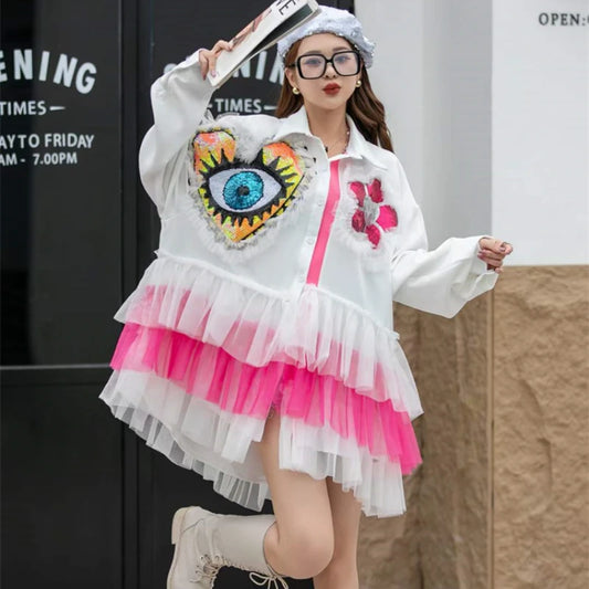 Women Spring Autumn Mesh Spliced Ruffles Floral Sequined Embroidery Shirts Dress White Gauze Ruched Layers Blouses Cake Dress