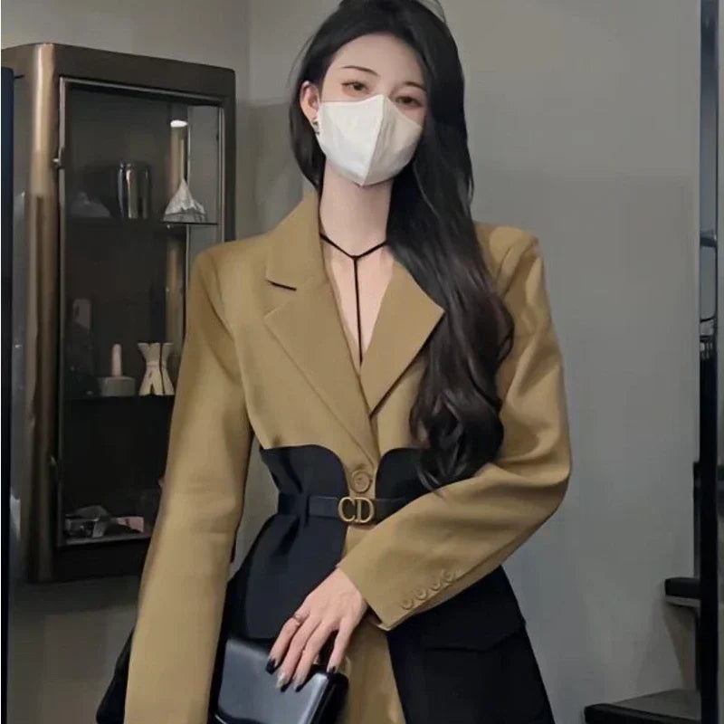 2025 Blazer Women Fashion New Loose Spliced Pocket Korean Single Breasted Blazer Mujer Female with Belt