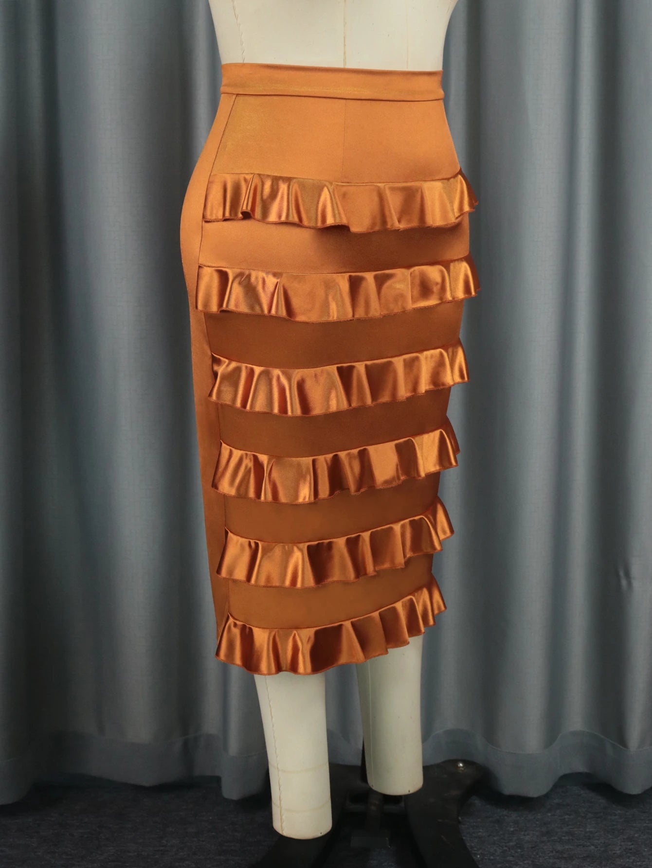 Brown Pencil Skirt for Women High Waist Ruffles Satin Offie Work Celebrity Birthday Dinner Occasion Large Size 4XL Skirts