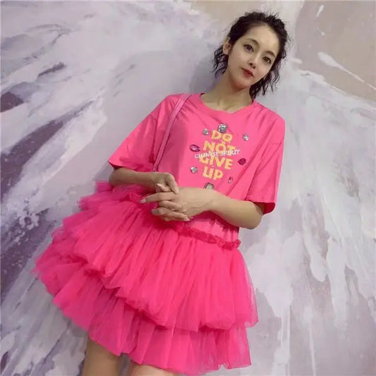 Original Design 2024 New Summer Pink Short Sleeve T-shirt Women Age Reduction Letters Diamonds Mesh Splicing Princess Dress Top