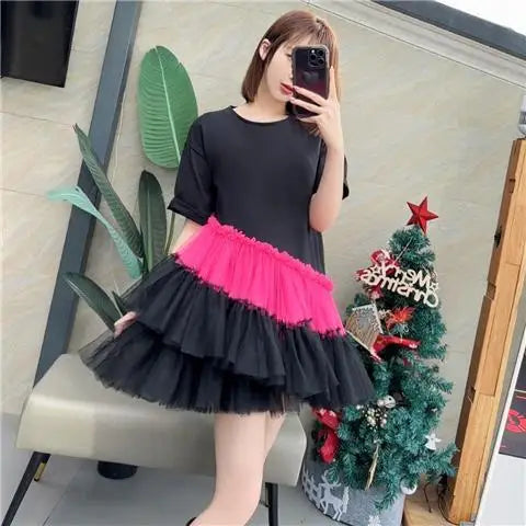 Original Design New Summer All-match Loose Short Sleeve T-shirt Dress Age Reduction Mesh Splicing Ruffles Pullover Top Mid-long