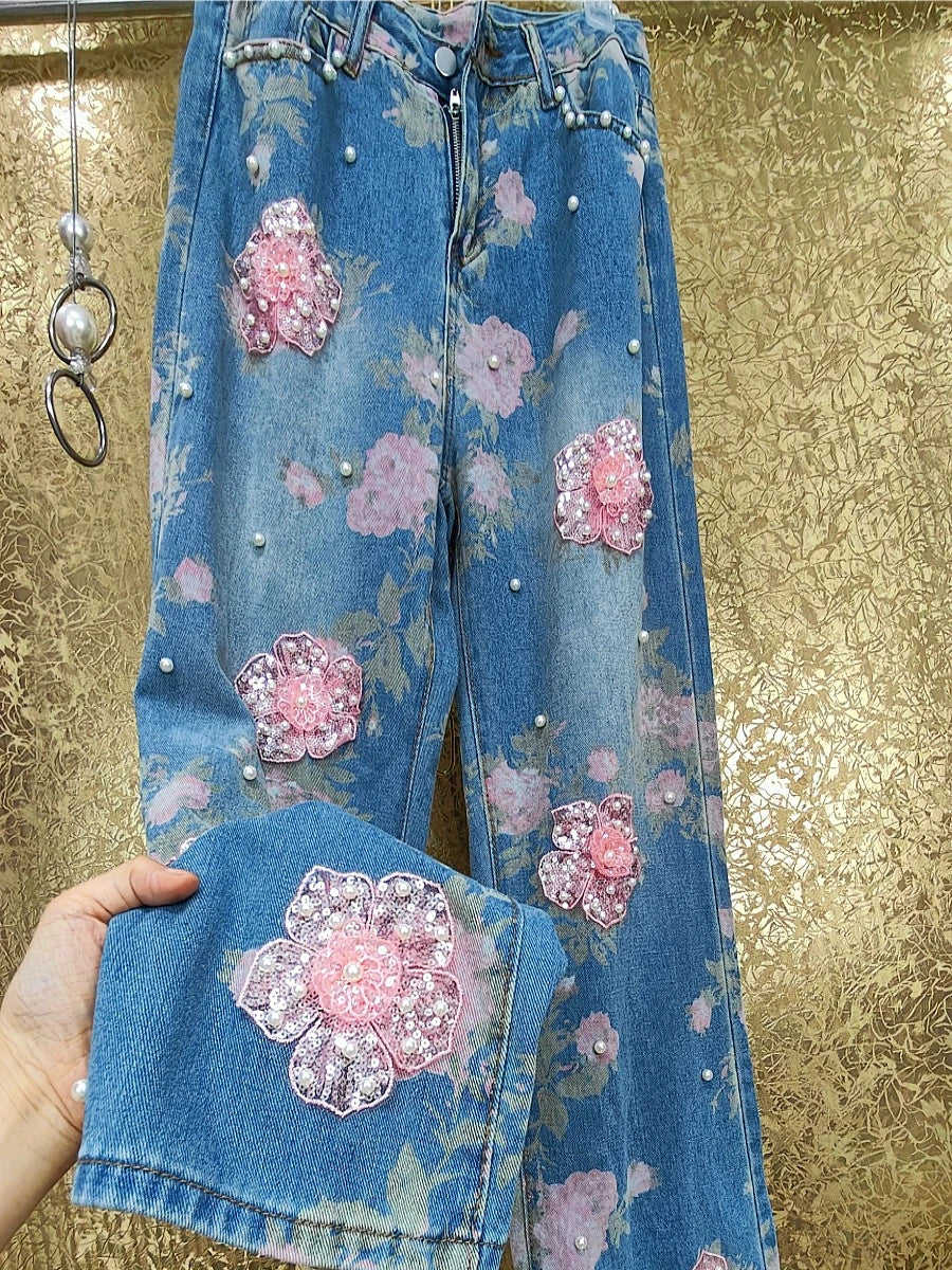 Luxury Handmade Beaded Pearls Beaded Sequins 3D Floral Embroidery Full Body Pink Flowers Denim Pants Wide Legs Jeans Trousers