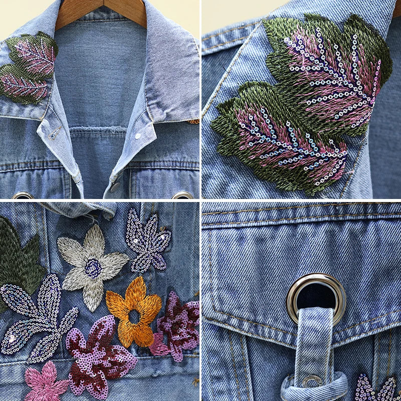 Women Jeans Jacket Feminine Spring Autumn Sequin Floral Embroidery Denim Jackets Coat Female Short Long Sleeve Outerwear Femme