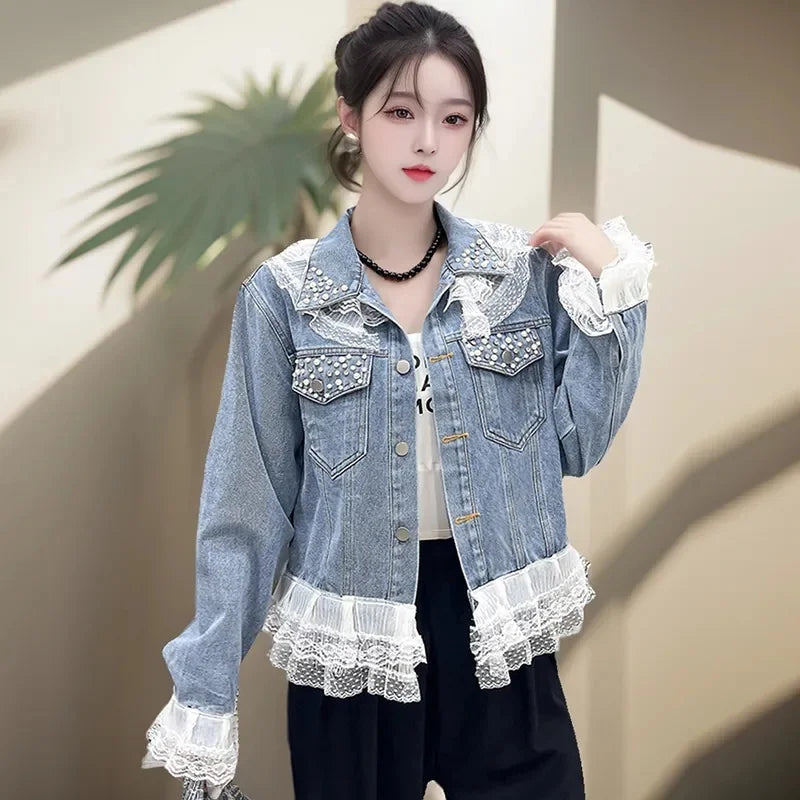 Fashion Design Lace Patchwork Denim Jacket For Women 2025 New Spring Autumn Large Size Casual Jeans Coat Outerwear Top Female