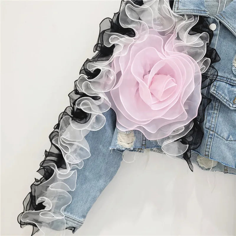 European Station 2025 New Heavy Industry Mesh Splicing Personality Hole Design Sense Short Loose Denim Jacket Fashion For Women