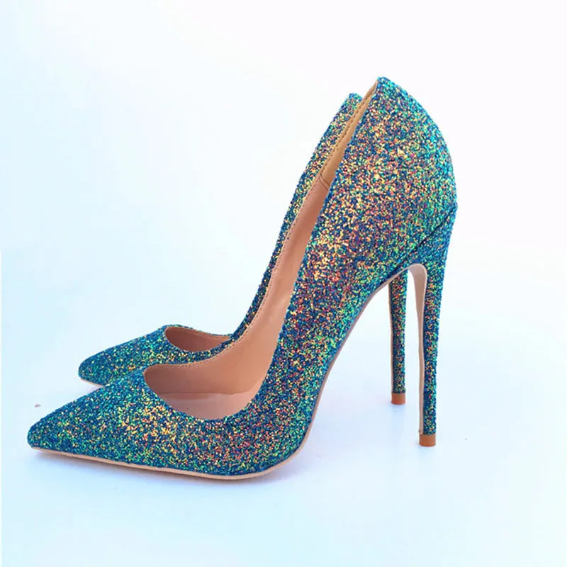 Tikicup Green Shiny Sequins Women Pointy Toe High Heels Slip On Stiletto Pumps for Elegant Ladies Chic Wedding Party Dress Shoes