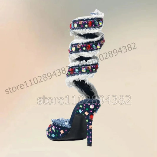 Blue Denim Ruffles Colorful Crystal Decor Twine Pumps Slip On Women Shoes Thin High Heels Pointed Toe 2023 Zapatos Para Mujere