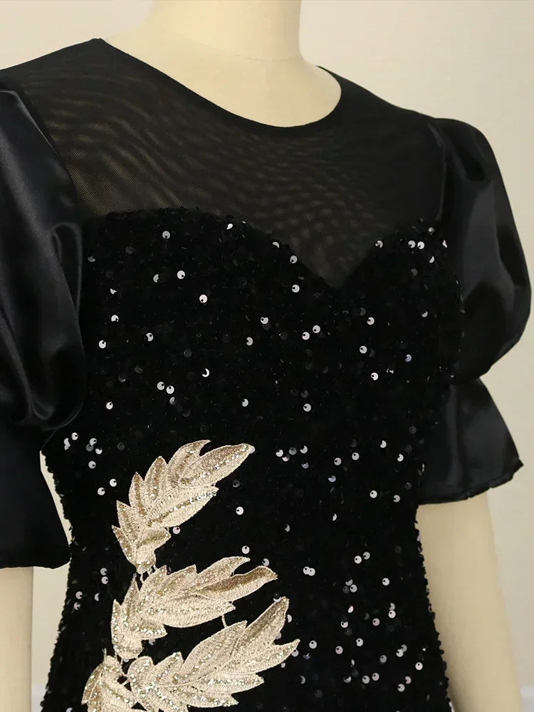 Women Plus Size Dress Sequin Black Embroidery Chest Wrapped Puff Sleeve Sparkly Dress Cocktail Wedding Guest Classy Party Dress