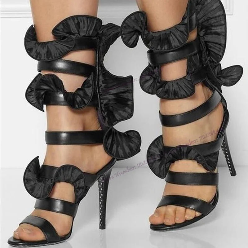 Black Ruffles Slip On Sandals Open Toe Shoes for Women Back Zipper Thin High Heel Summer Fashion Shoes 2023 Zapatos Para Mujere