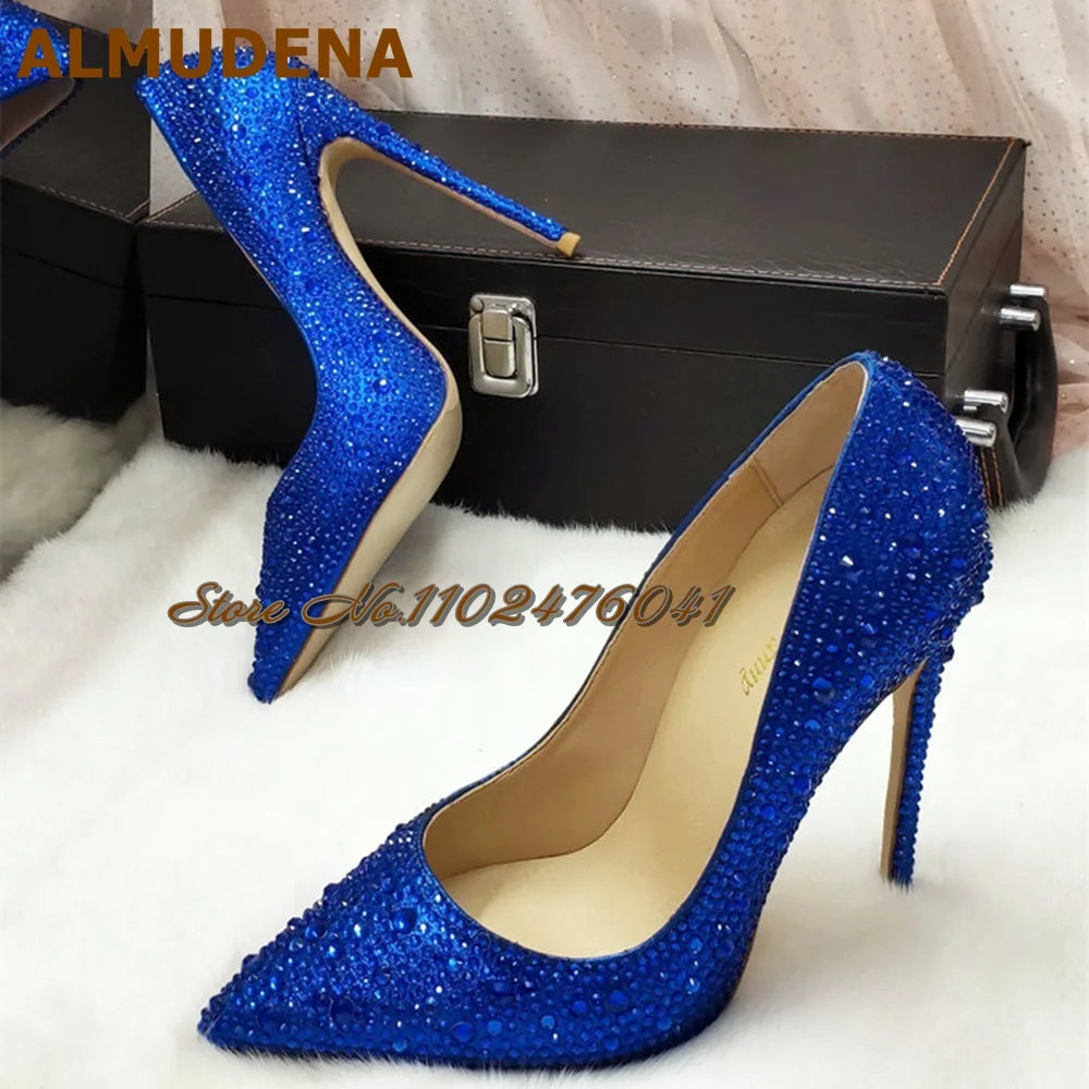 Almudena Silver Gold Full Crystal Bling Bling Wedding Shoes 12cm 10cm 8cm Stilettos Pointed Toe Shallow Pumps Rhinestone Heels